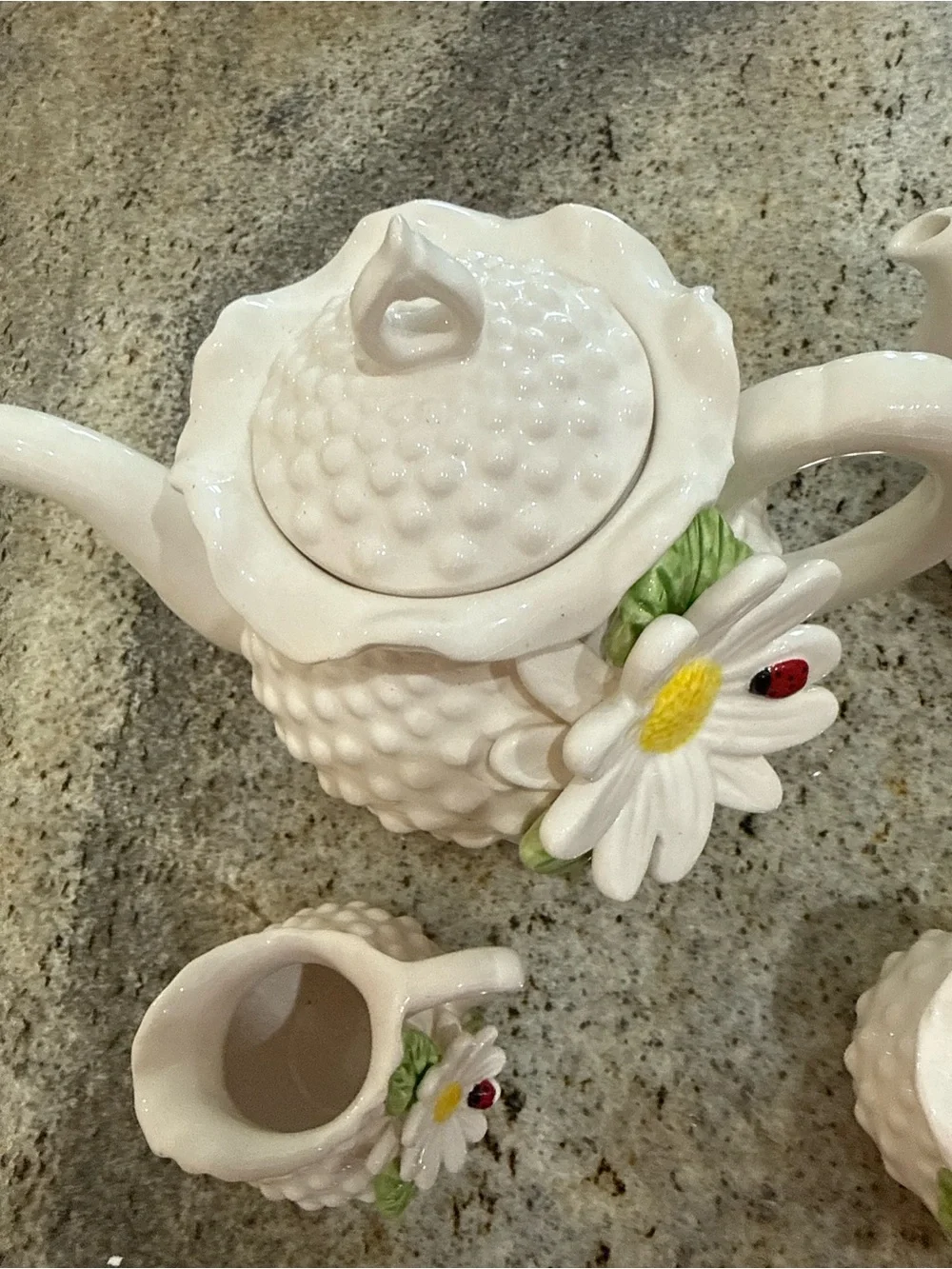 Vintage Daisy ladybug Tea set cottage core mini teapot salt pepper set decor